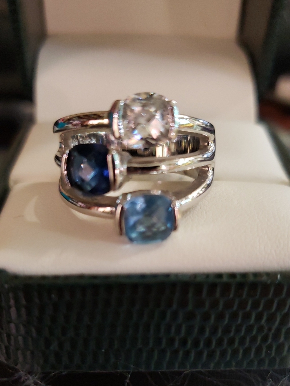 Lia Sophia Triple-Stone Silver Ring with Blue and Clear Stones